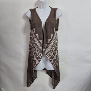 Southwest Aztec Women M Tan Acrylic Knit Open Sleeveless Waterfall Cardigan Vest
